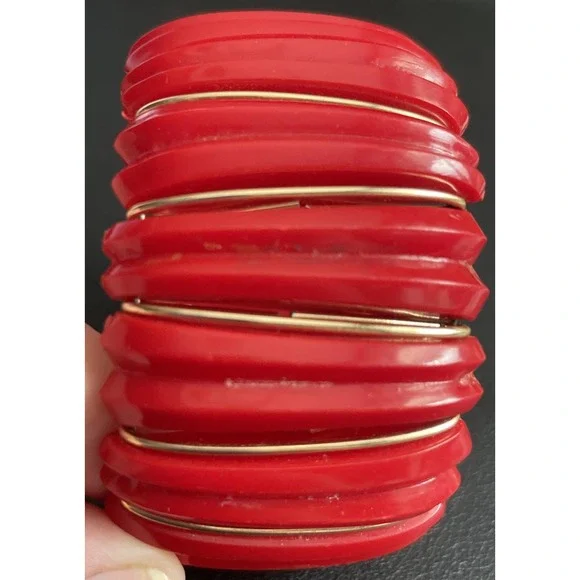 Vintage Acrylic Bracelet Western Germany Gold Tone Stretch Wide Bangle - Picture 2 of 8